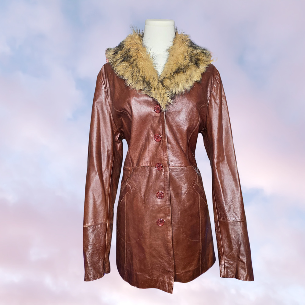 Vtg 90s Wilsons Leather Long Brown Faux Fur Collar Pennylane Trench Coat Sz L